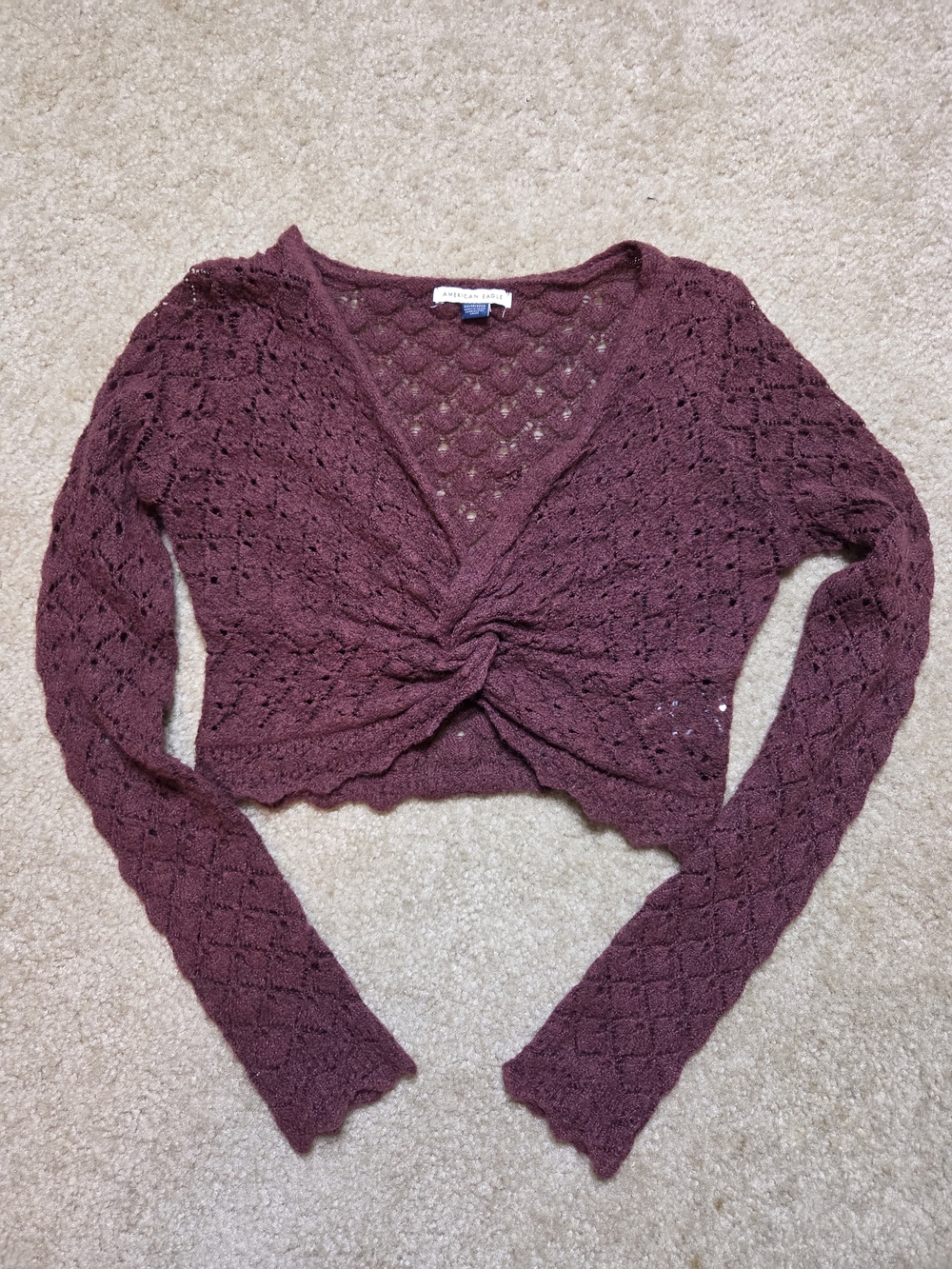 AE American Eagle Burgundy Twist Front Cropped Pointelle Knit Boho Sweater XS